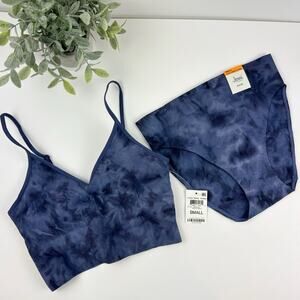 Jenni Seamless Ribbed Cropped Bralette & High Waist Brief Navy Tie Dye Small